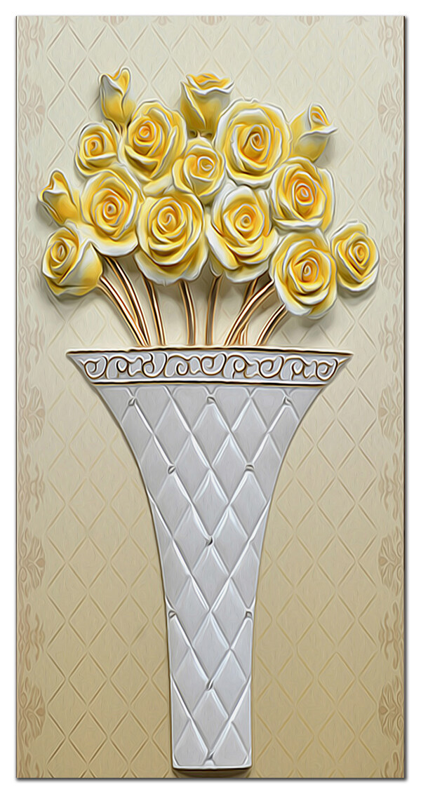 玄关浮雕彩雕花瓶黄色玫瑰