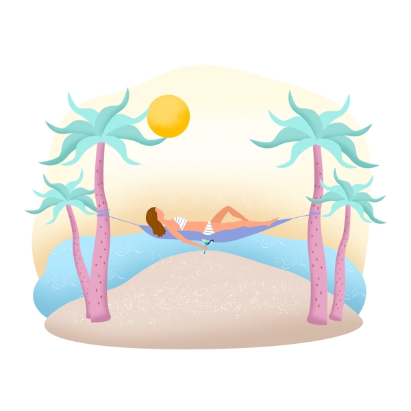 夏季纳凉人物沙滩吊床手绘立夏插画场景