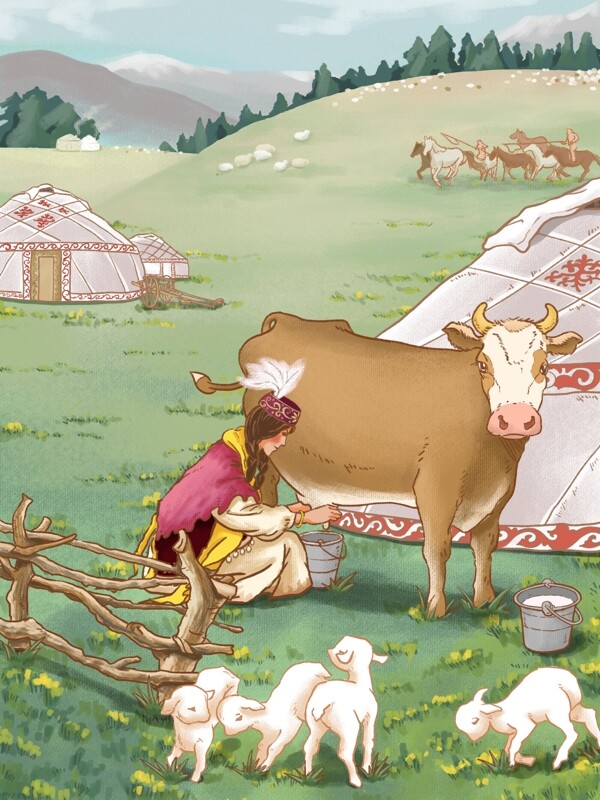 新疆哈萨克族姑娘草原挤牛奶民俗旅游插画