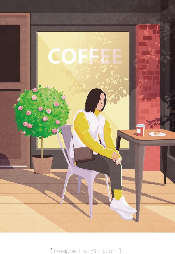 四月你好小清新露天咖啡馆的少女插画