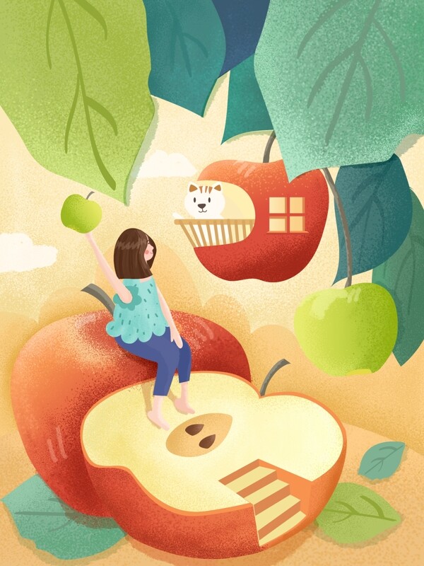创意水果女孩苹果房子插画