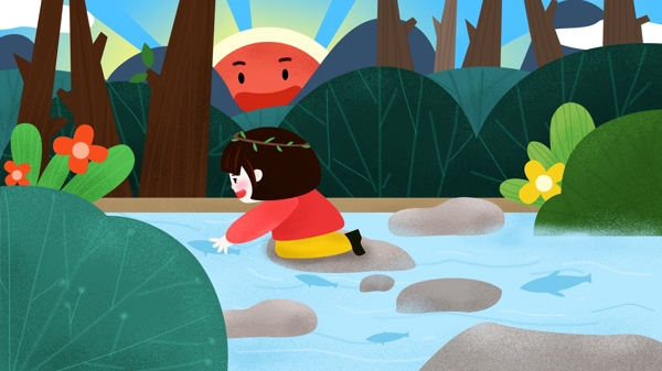 原创插画春分森林里捕鱼的小女孩