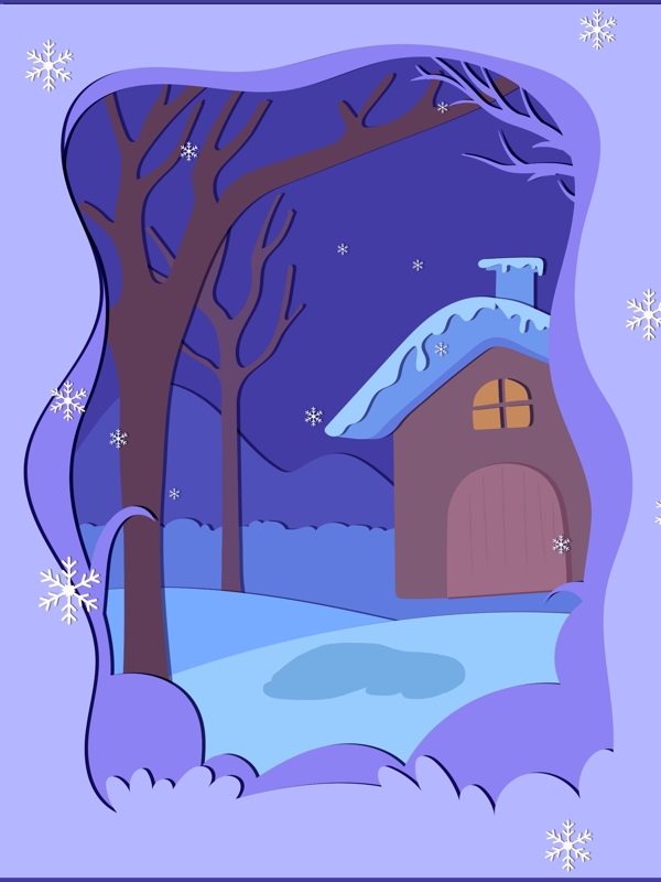 剪纸风紫色冬季主题背景设计