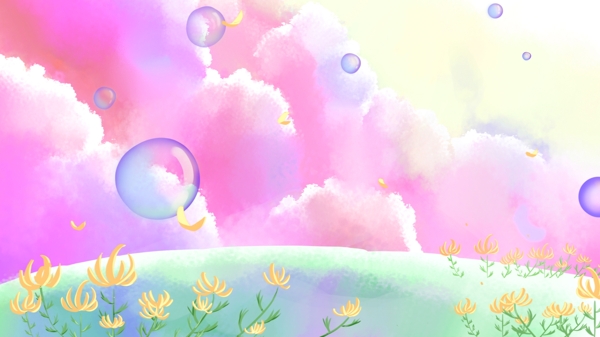 粉色云朵黄色小花气泡卡通背景