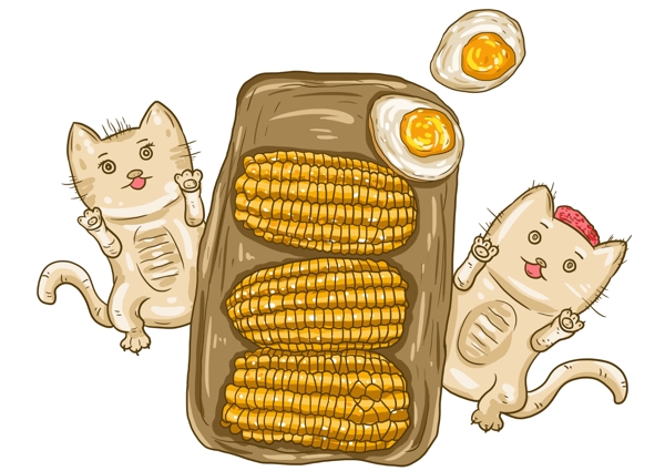 手绘可爱卡通猫玉米插画图片