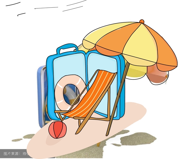 夏日沙滩旅行海岸沙滩椅遮阳伞游泳圈行李箱AI