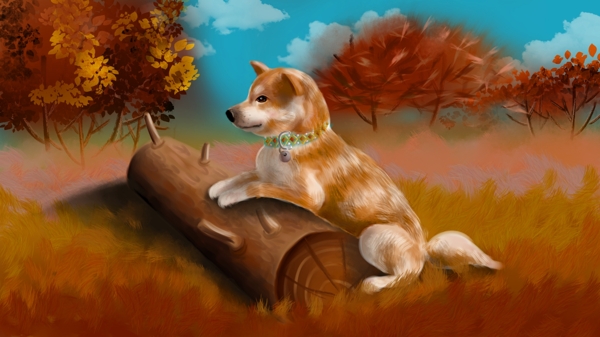 秋分节气草原树叶乖巧可爱柴犬狗狗趴在木桩