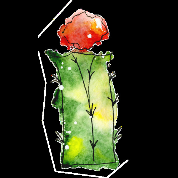 绿色花朵仙人掌水彩手绘透明素材