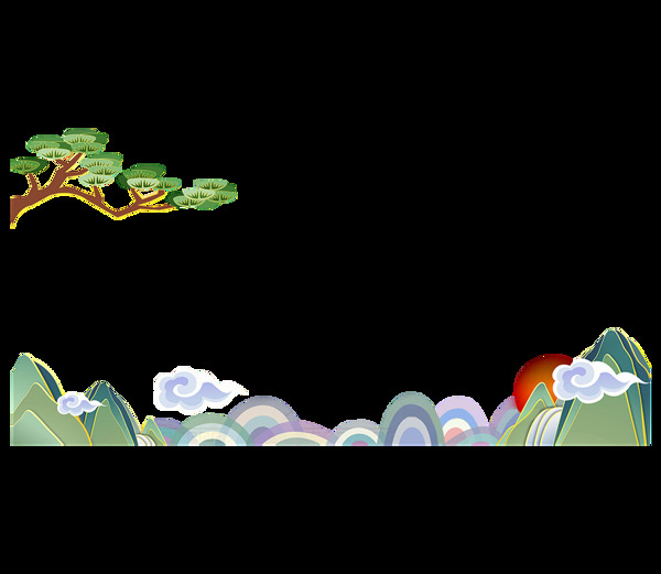 中式卡通山群云朵PNG元素