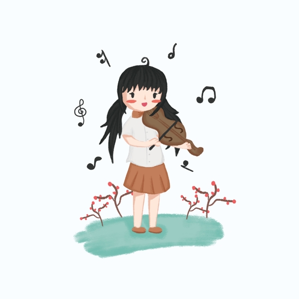 手绘可爱弹奏乐器人物乐器弹奏者拉提琴女孩