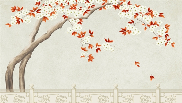 花鸟画枫叶落叶背景墙图片