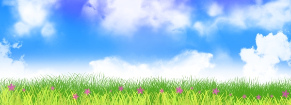 蓝天白云草地鲜花自然背景素材