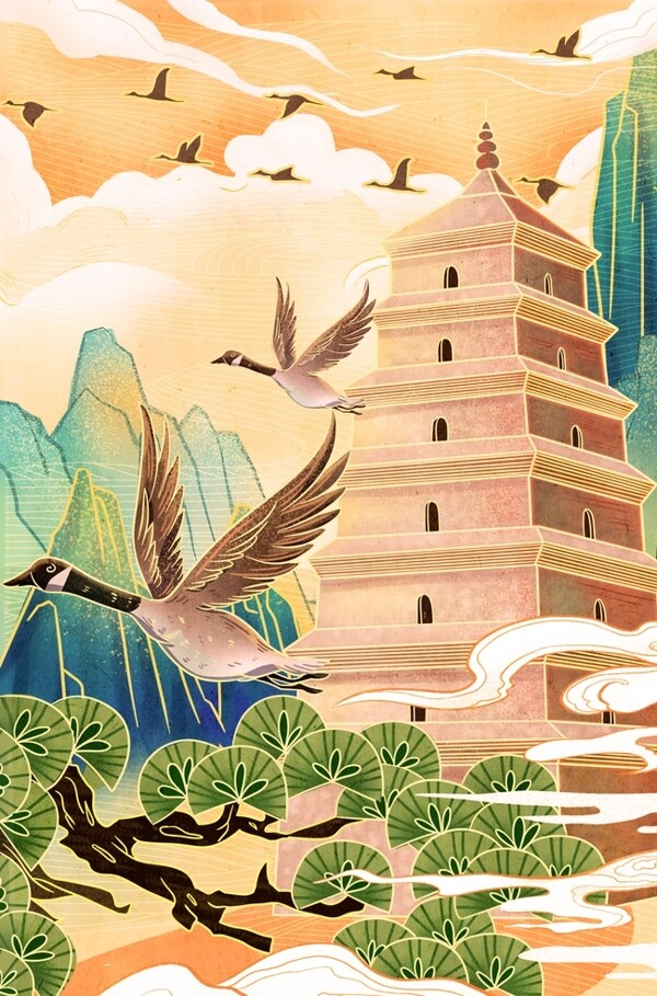 高塔传统复古插画背景海报素材图片