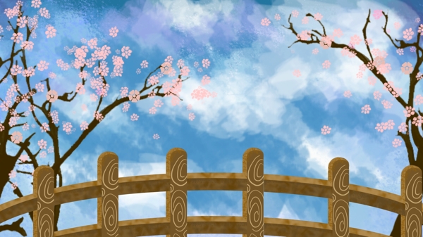 粉色桃花桥栏杆蓝天背景