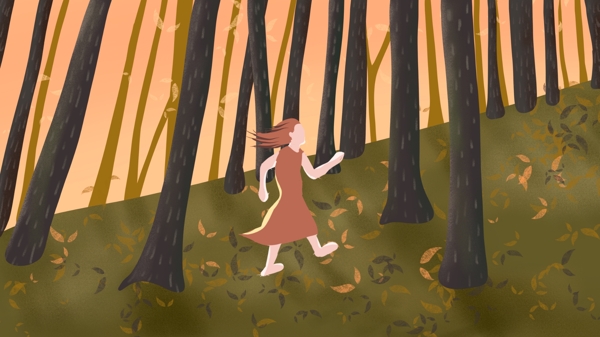 秋天你好落日余晖下的森林里奔跑的长发少女
