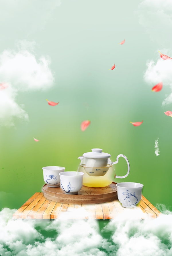 绿色清新自然茶具广告海报