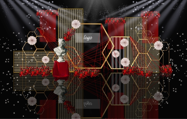 红金色几何蜂巢结构婚礼舞台效果图