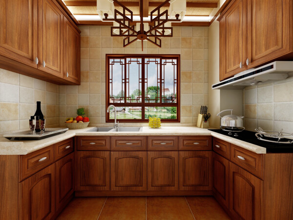 中式实木U型厨房效果设计