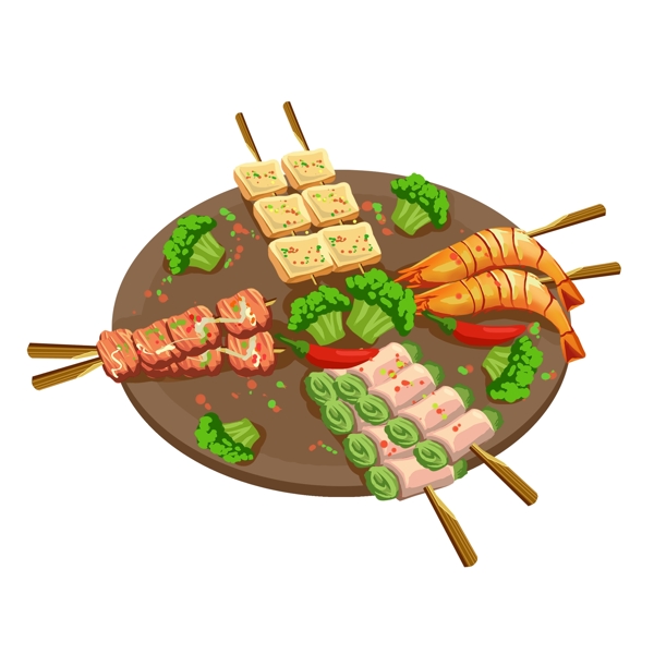 烧烤肉基围虾干子美食撸串手绘食物小吃