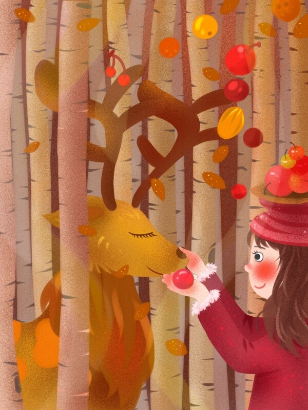 林深时见鹿女孩森林里喂鹿果子童趣插画