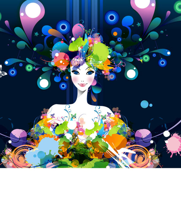 彩墨花紋美女矢量圖下載
