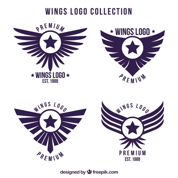 扁平风格蓝色翅膀双翼标志logo