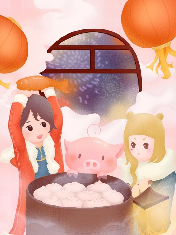 可愛豬噪點(diǎn)插畫風(fēng)小年快樂