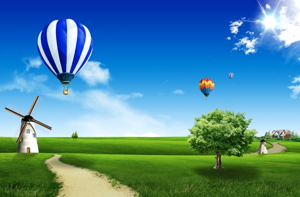 风景氢气球风车树木蓝天