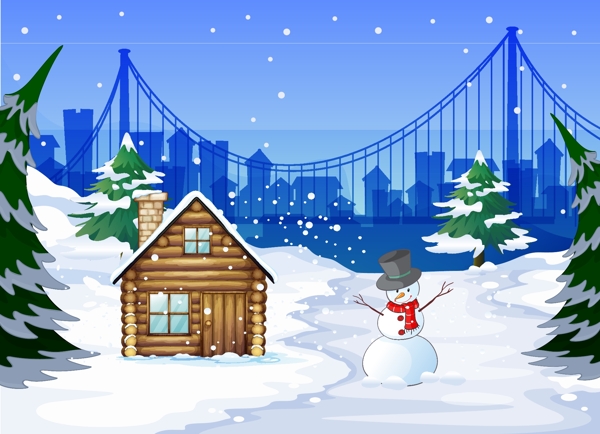 冬天里的小屋和雪人插畫