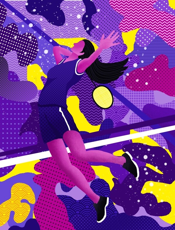 游走的梦运动系打网球少女抽象插画