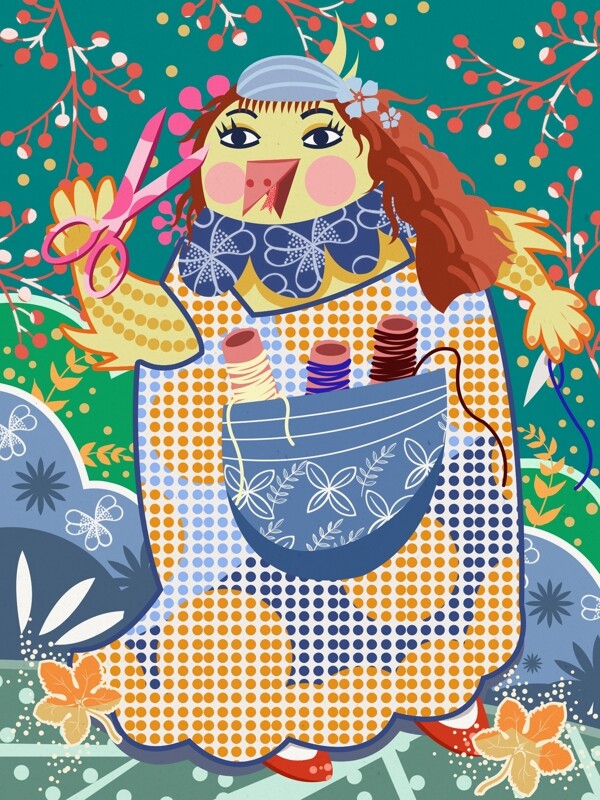 粗线条扁平风鸟女孩剪刀植物落叶复古插画