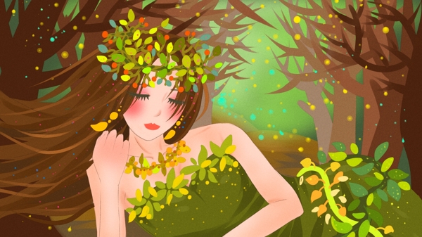 森林公主绿色林子里睡午觉的公主清新插画