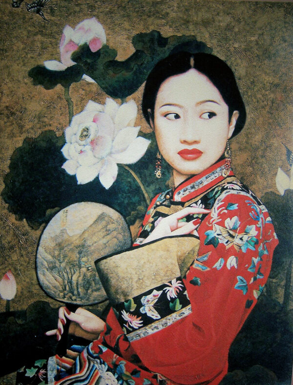 蓮花與美女油畫圖片