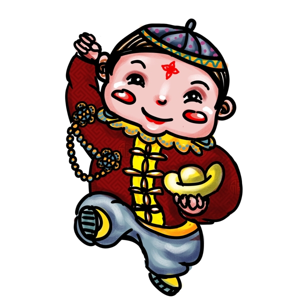 中国风捧着金元宝的年画娃娃