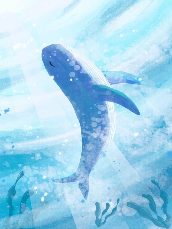 海蓝时见鲸插画蓝色治愈系