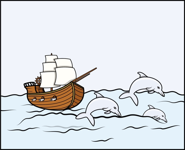 海豚矢量插畫古船