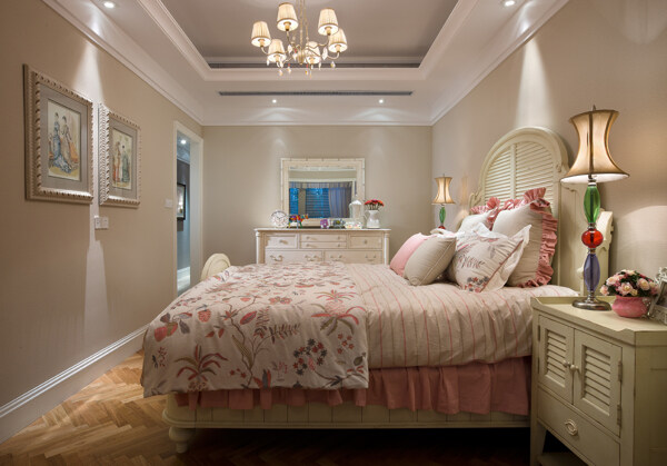 现代时尚客厅浅粉色背景墙室内装修效果图