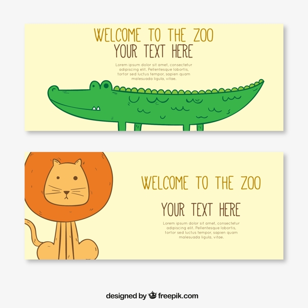 鳄鱼和狮子2款彩绘野生动物园banner矢量图
