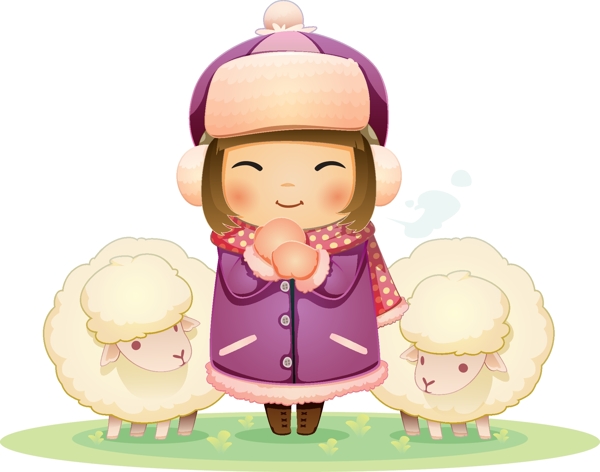 卡通小女孩与绵羊背景矢量素材