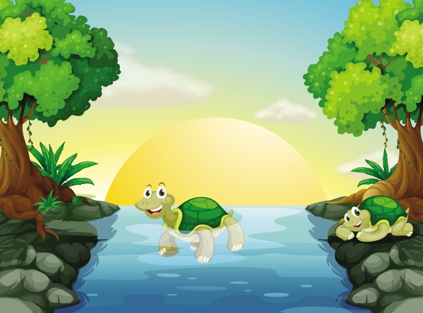 在游泳的乌龟矢量风景插画