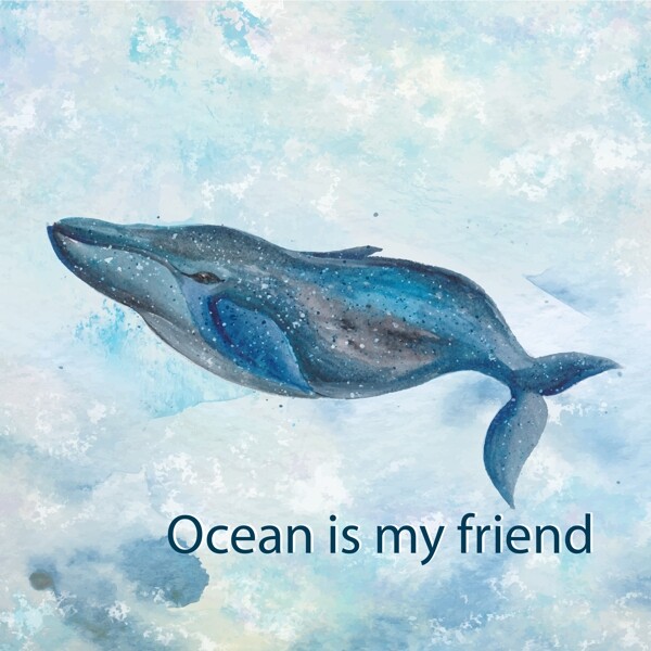 蓝色水彩绘鲸鱼插画