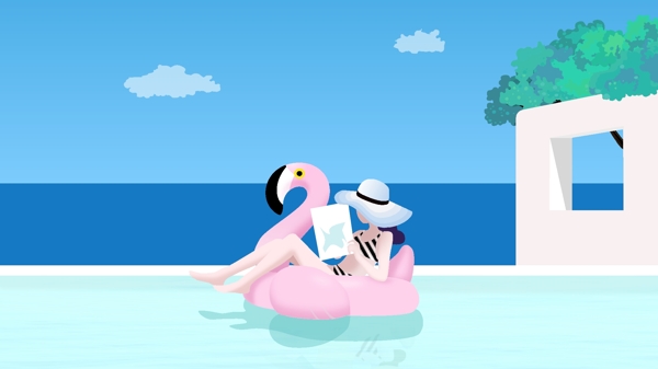 原创插画少女的夏天蓝色海边游泳女孩清新