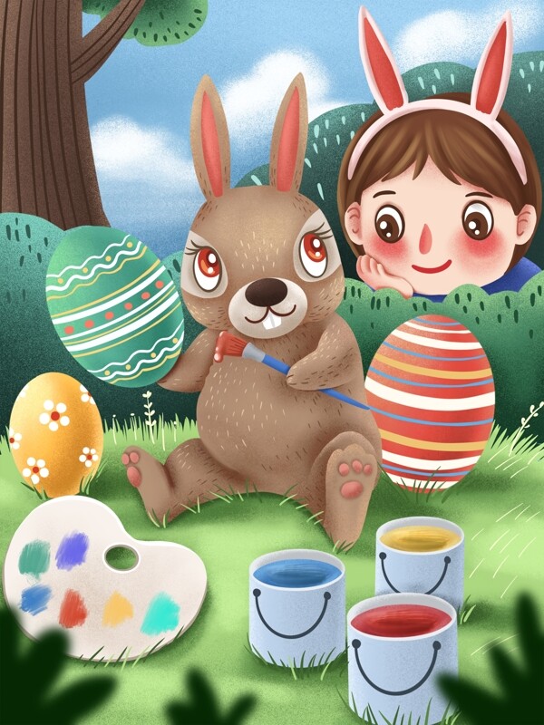 女孩偷看复活节兔子画彩蛋原创插画