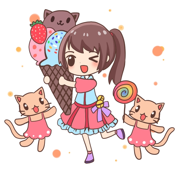 儿童节女孩和甜品小猫