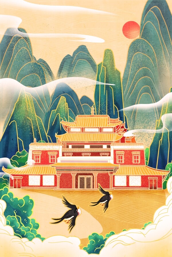 寺院传统复古插画背景海报素材图片