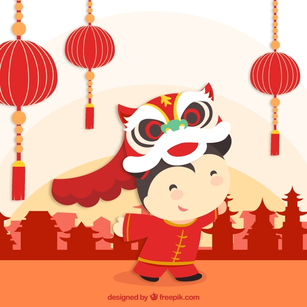 春節(jié)舞獅子的小女孩