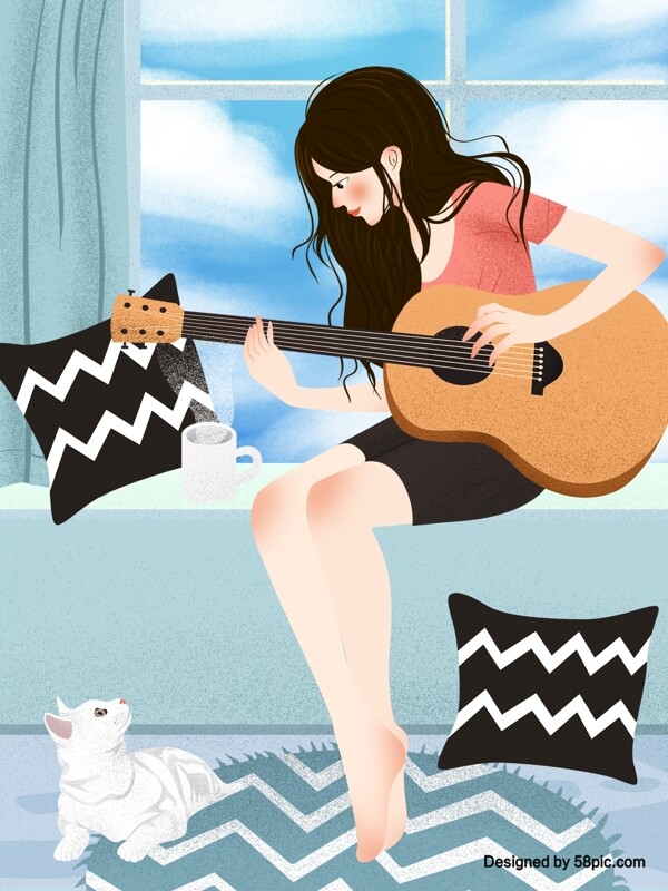 清新唯美窗台上弹吉他的女孩原创插画