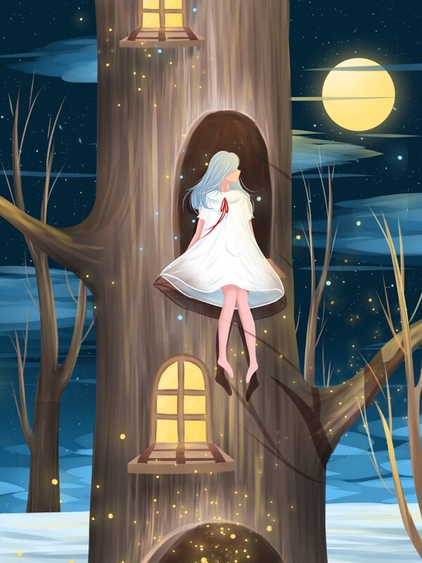晚安世界治愈系插画夜晚森林里的女孩
