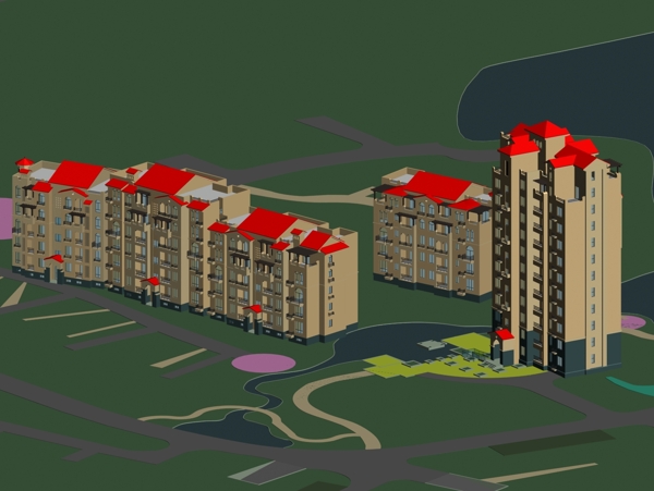红坡顶高层筑规划3D模型