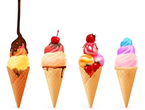 四只多彩美味的甜筒冰淇淋